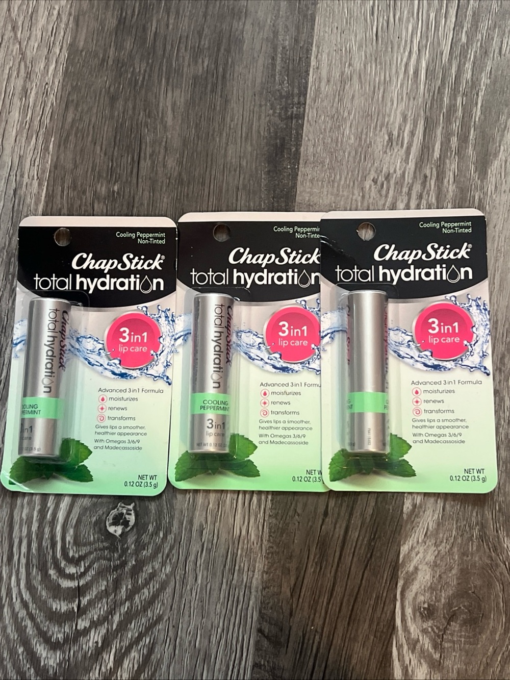 3x ChapStick COOLING PEPPERMINT Total Hydration 3 in 1 Lip Care 0.12 oz Each New